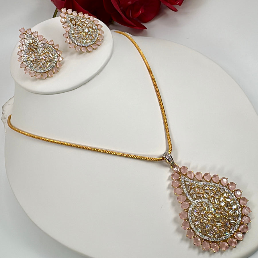 Pink AAA Cut Cubic Zirconia With 24 Carat Gold Plating Pendant Necklace Set