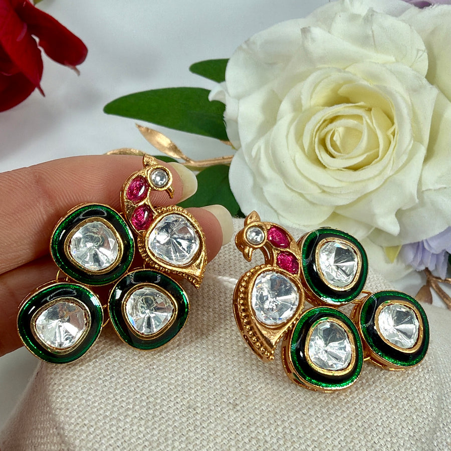 Green Meenakari Enamel Moissanite Peacock Stud Earrings
