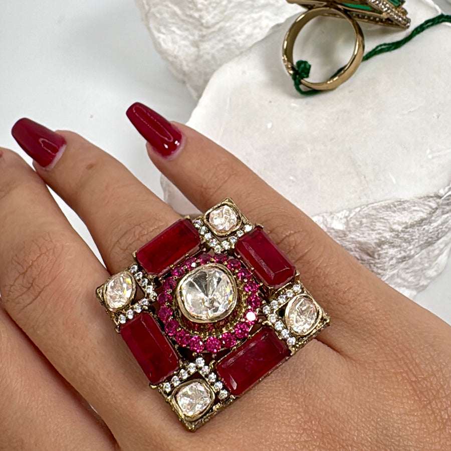 Ruby Doublet Moissanite Statement Adjustable Square Finger Ring