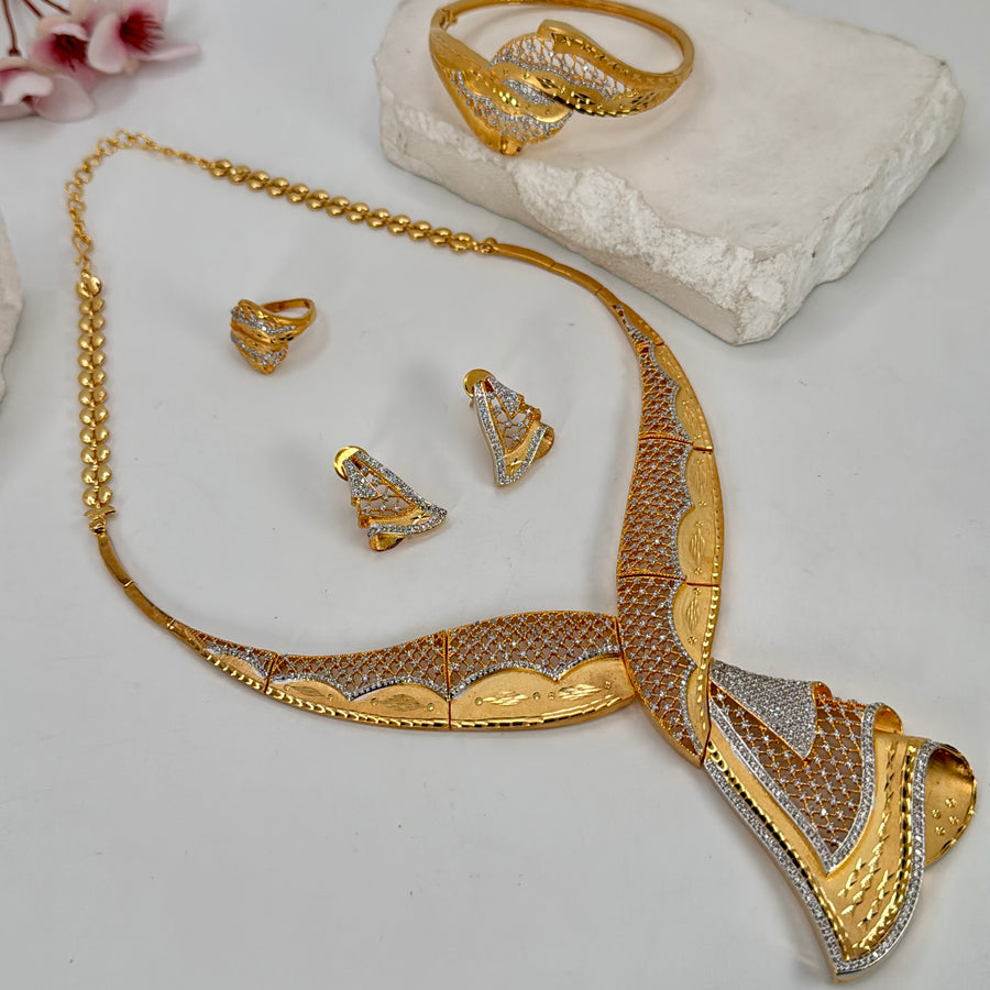 Yellow Gold American Diamonds Lightweight Cubic Zirconia Combo Necklace Set With Adjustable Finger Ring & Openable Bracelet