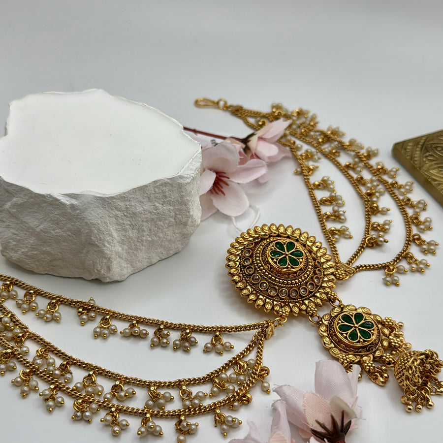 Green Antique Gold & Pearls Hair Accessories