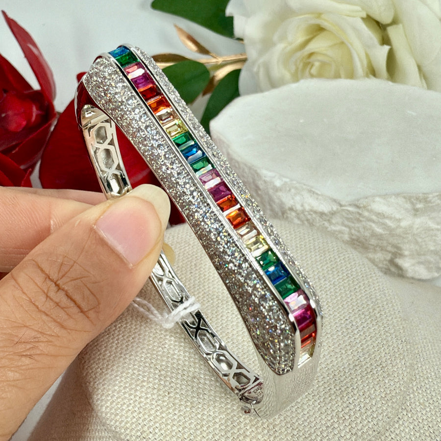 Clear Multi Italian Silver Cubic Zirconia Openable Bangle(Fits Size 2.2 to 2.6)