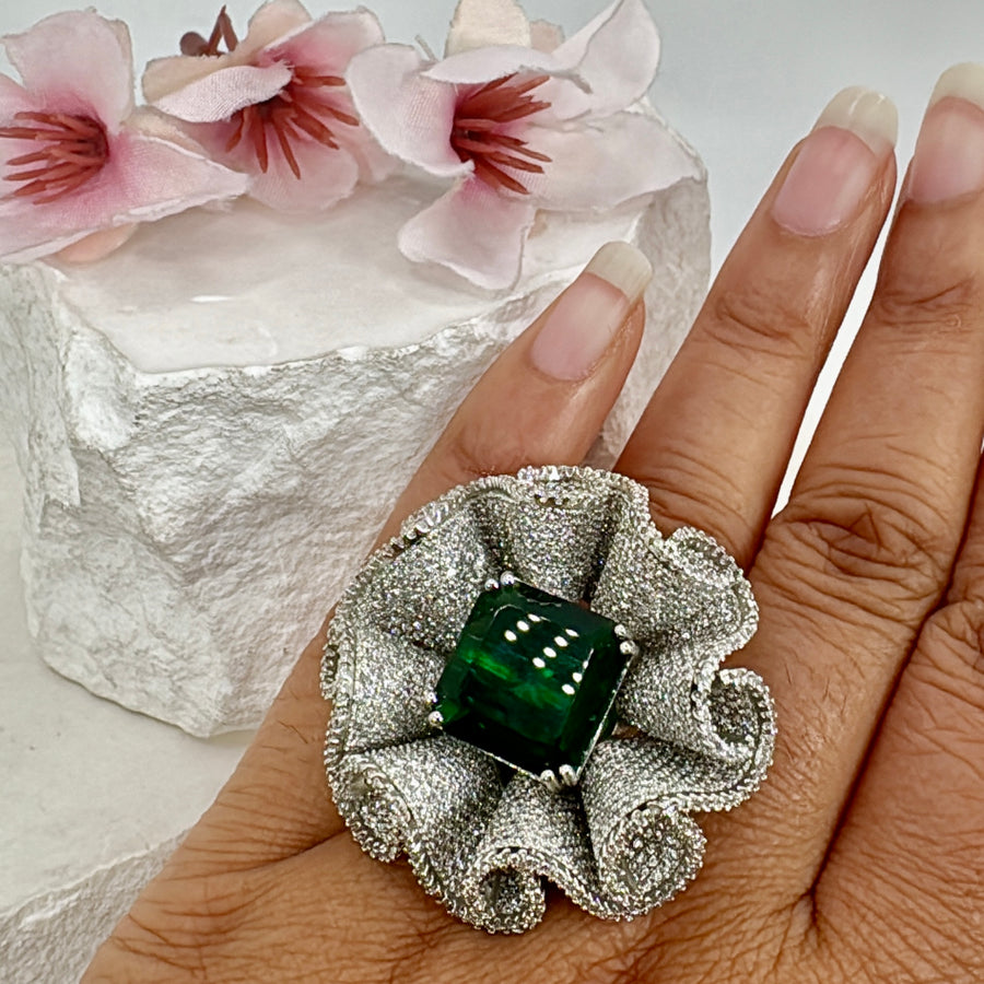 Green Doublet American Diamonds Cubic Zirconia Nano Setting Adjustable Statement Finger Ring