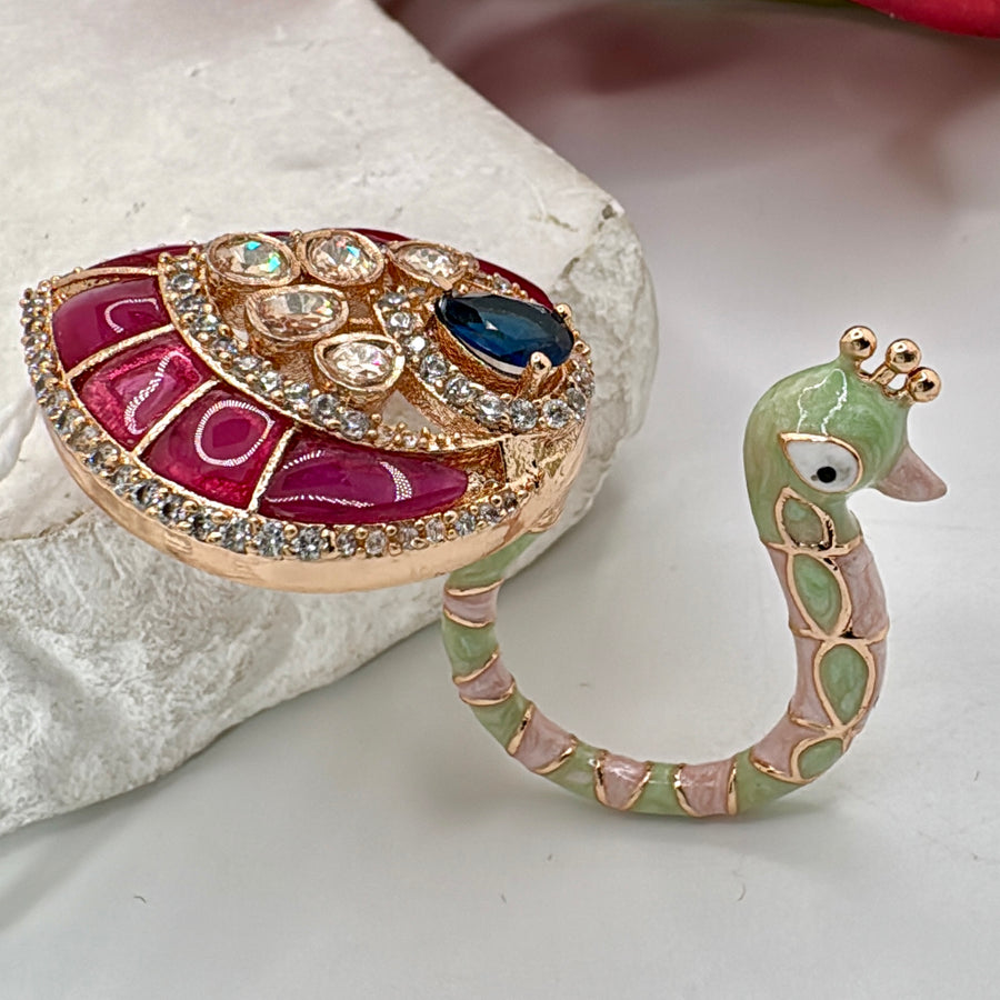 Ruby Jadau Moissanite Peacock Finger Ring