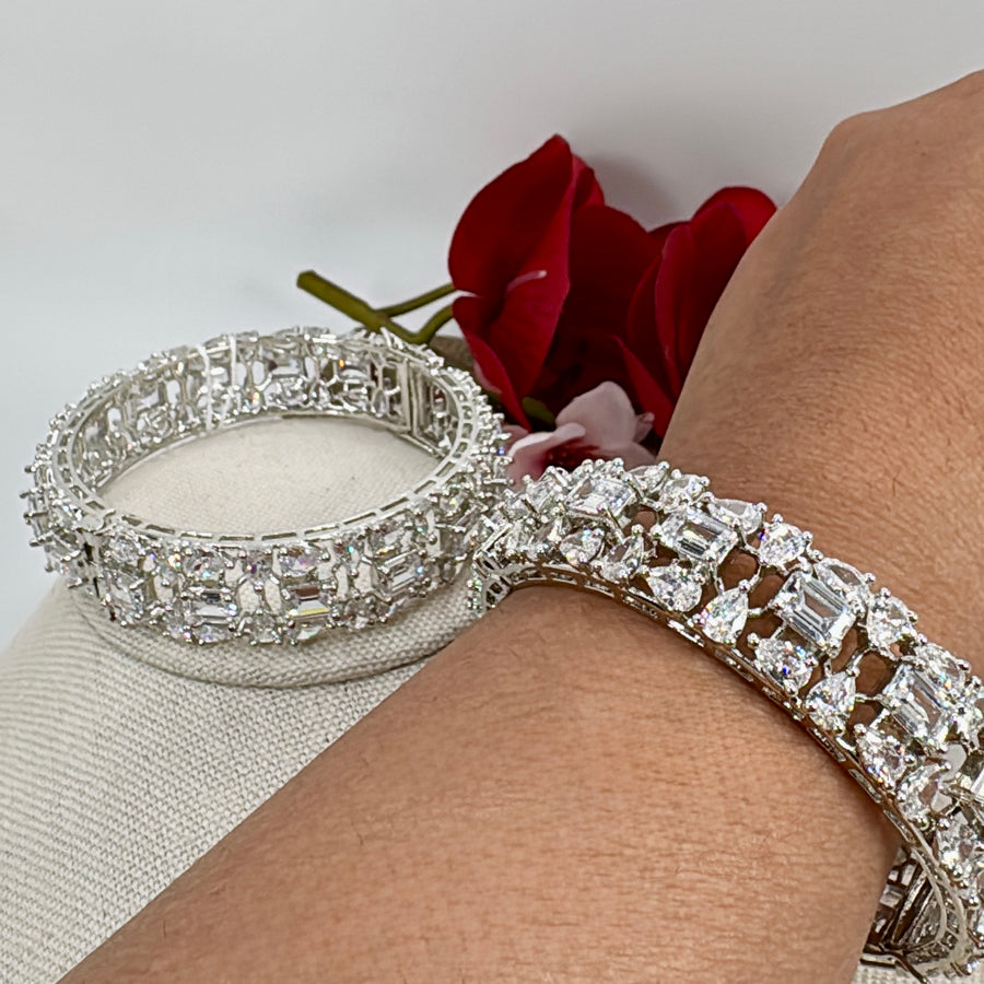 Clear Silver Cubic Zirconia Openable Bangle Pair(Size 2.4)