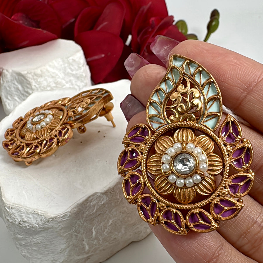 Ruby Mint Apala Inspired Antique Gold Stud Earrings