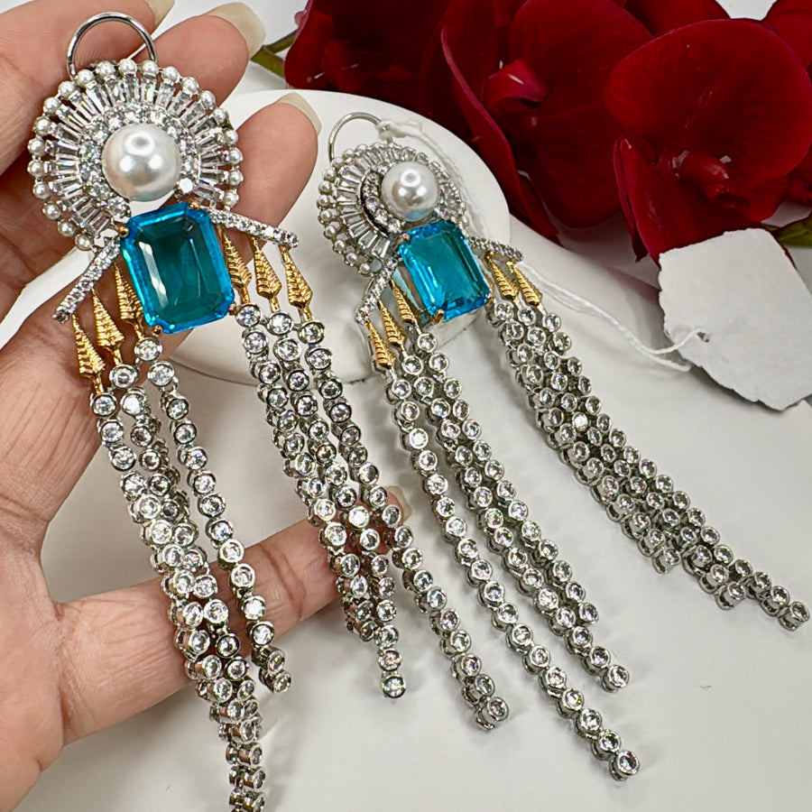 Turquoise Pearl Baguette American Diamonds Statement Earrings