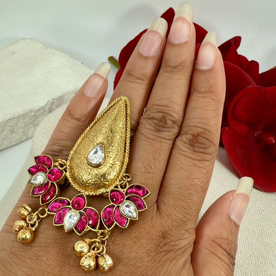 Ruby Jadau Silver Lookalike Gold Adjustable Finger Ring