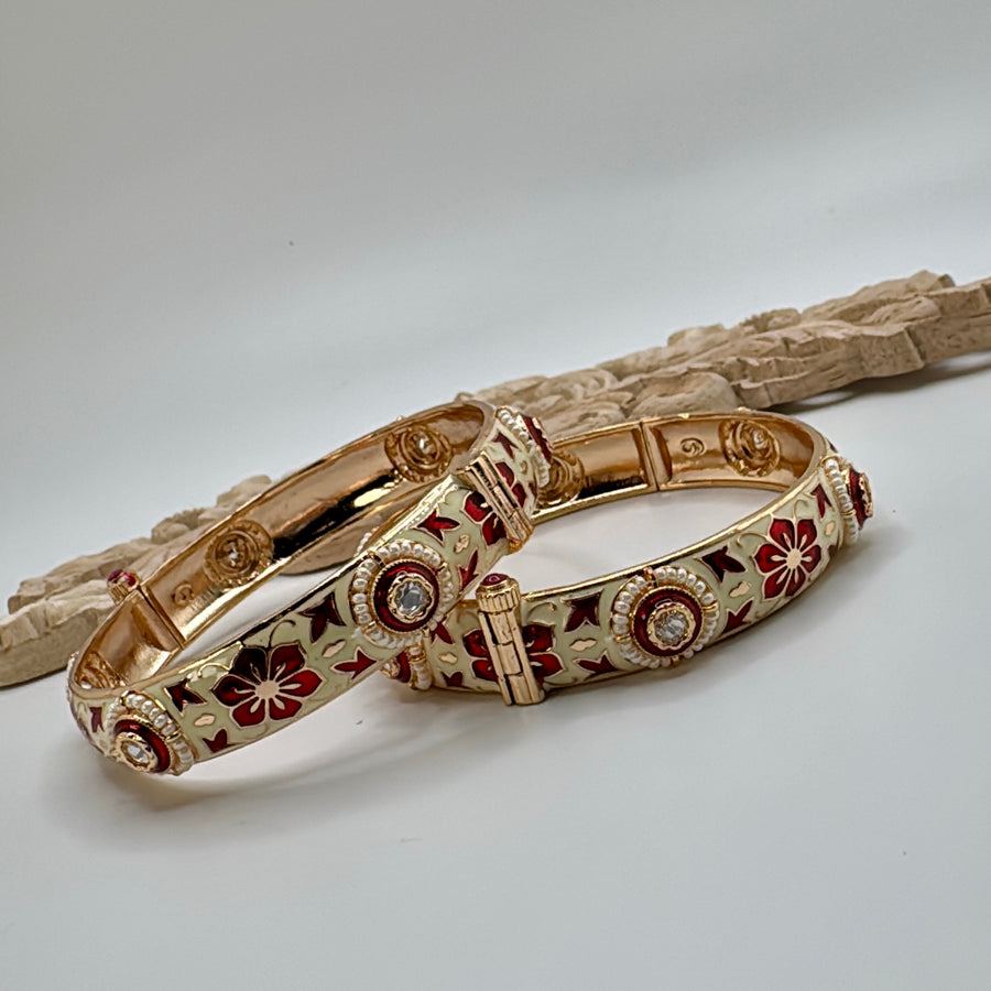 Ivory & Maroon Red Meenakari & Kundan Openable Bangle Pair(Size 2.6)