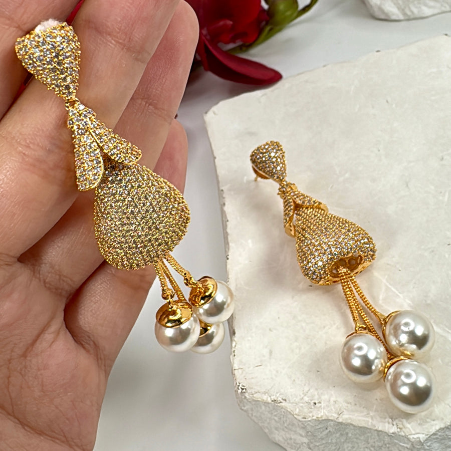 Clear Gold & Pearl Nano Setting 24 Carat Gold Plated Cubic Zirconia American Diamonds Earrings