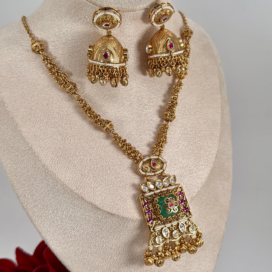 Mint Ruby Antique Gold Heritage Pendant Necklace Set