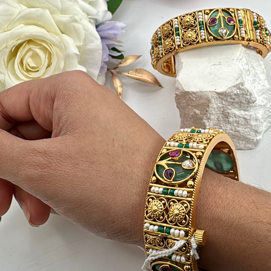 Mint Multi Antique Gold Openable Bangle Pair(Size 2.2)