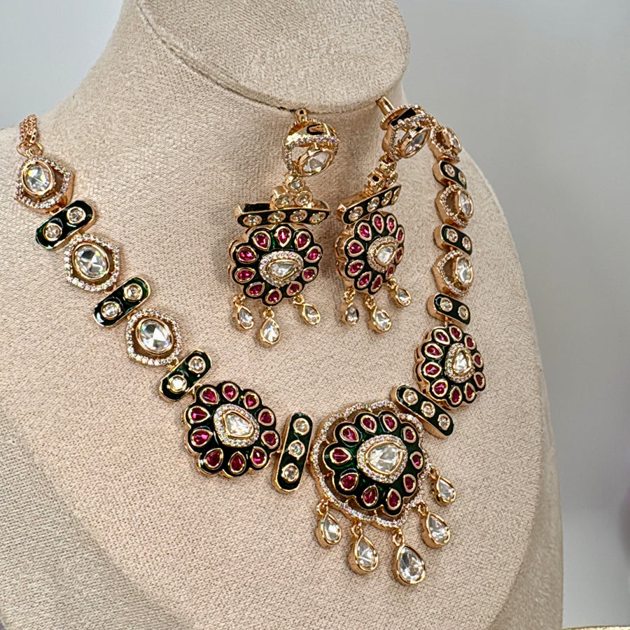 Green & Ruby Meenakari Jadau Necklace Set