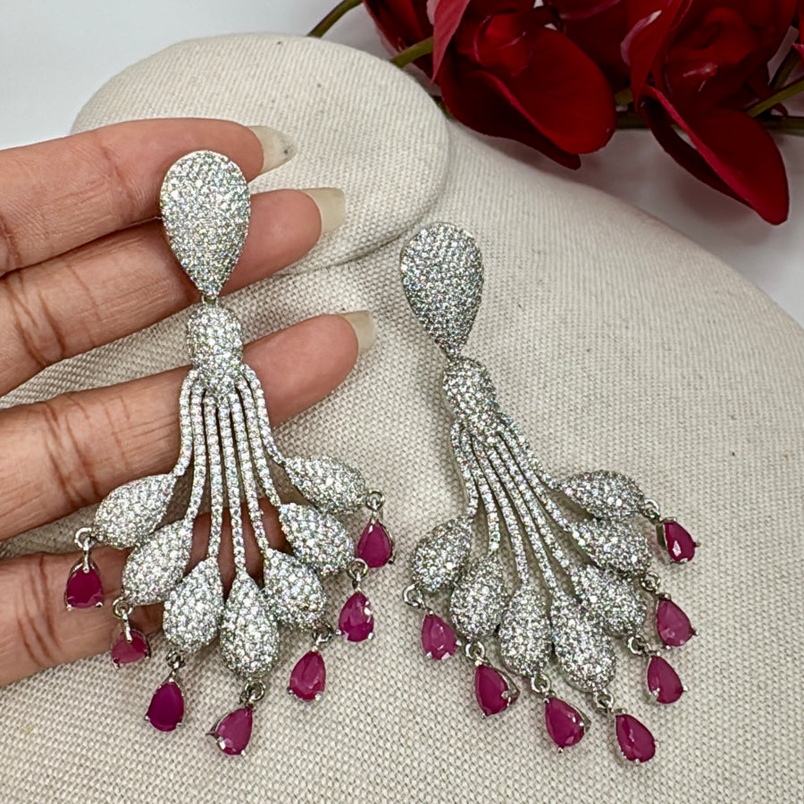 Ruby AAA Cut Nano Setting Cubic Zirconia Rhodium Plated Lightweight Cocktail Earrings