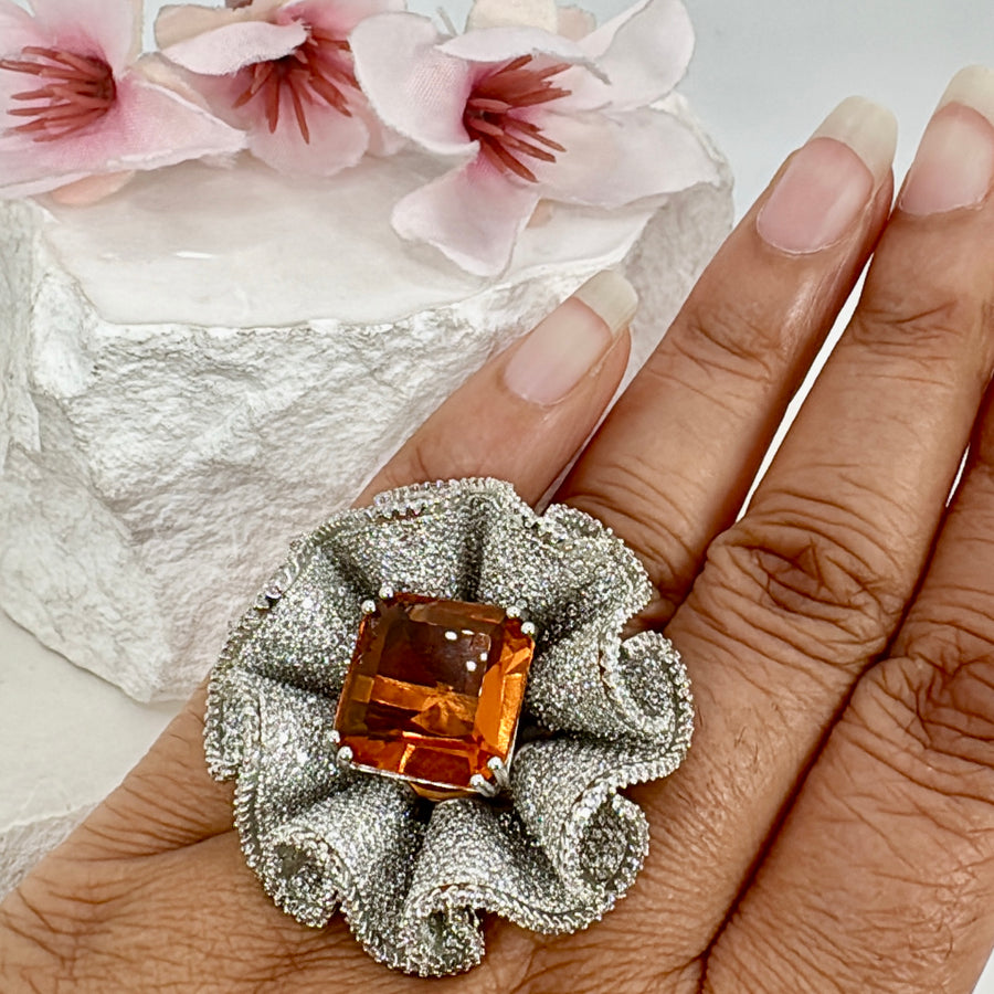 Orange Yellow Doublet American Diamonds Cubic Zirconia Nano Setting Adjustable Statement Finger Ring
