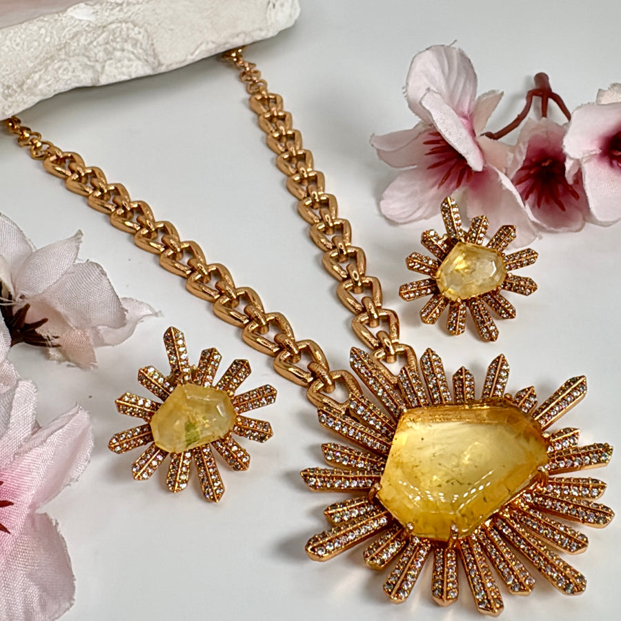 Yellow Doublet American Diamonds Cubic Zirconia Pendant Necklace Set