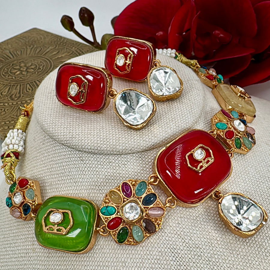 Multi Glass Stone Jadau Kundan Choker Necklace Set