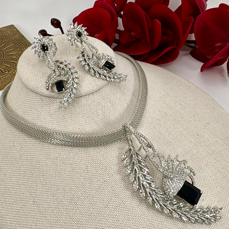 Black AAA Cut Cubic Zirconia Rhodium Plated Statement Pendant Necklace Set