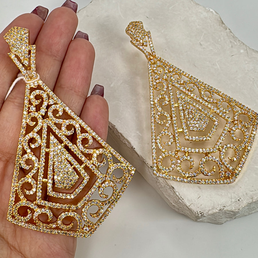 Clear AAA Cut Cubic Zirconia 24 Carat Gold Plated Lightweight Earrings ( Length Approx. 3 inches)
