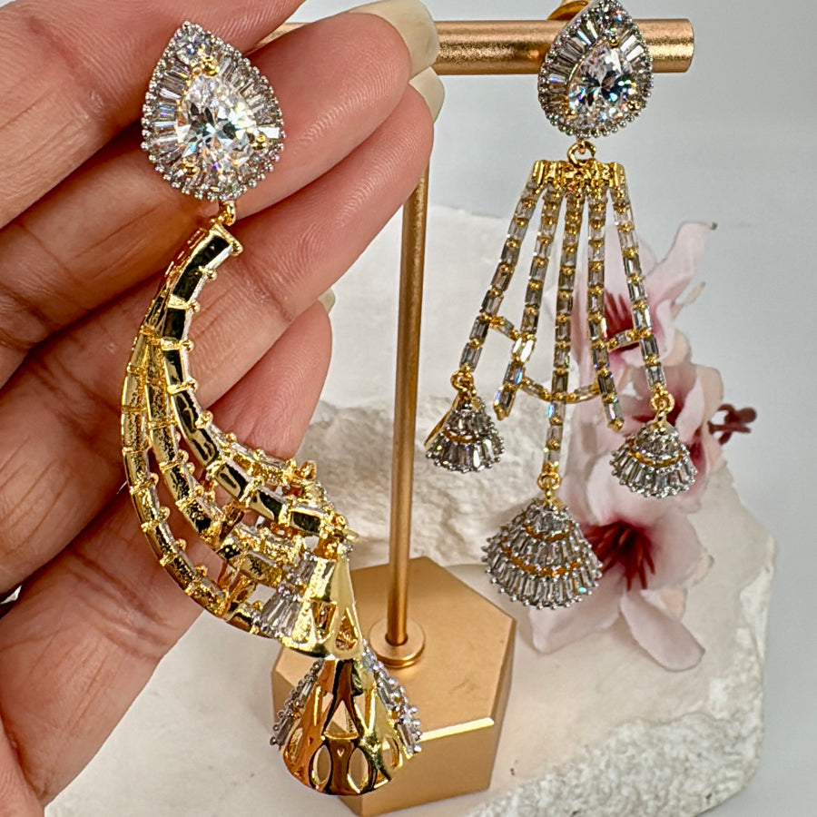 Clear Cubic Zirconia Baguette American Diamonds Setting Gold Plated Earrings