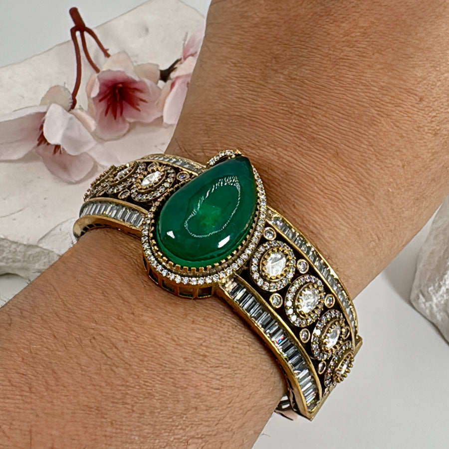 Green Doublet Moissanite & Baguette Diamonds Openable Bangle(Fits Size 2.2-2.6)