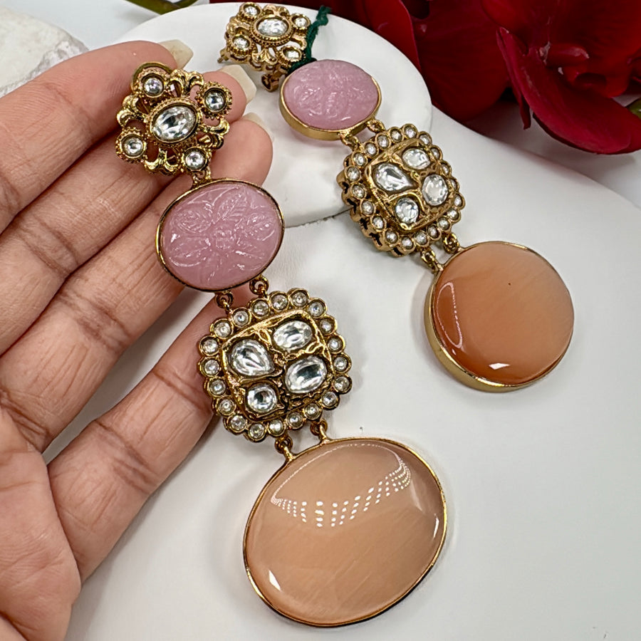 Peach & Pink Stone Kundan Studded Earrings