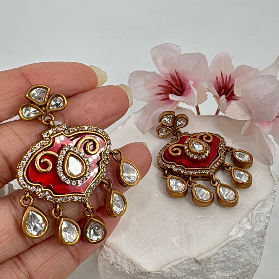 Red Glass Stone With Inlay Work Moissanite Earrings