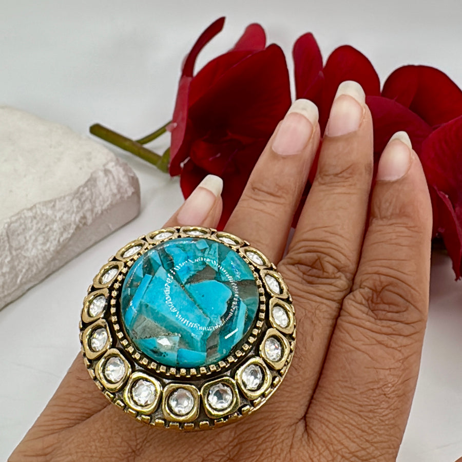 Turquoise Doublet Moissanite Tall Statement Finger Ring