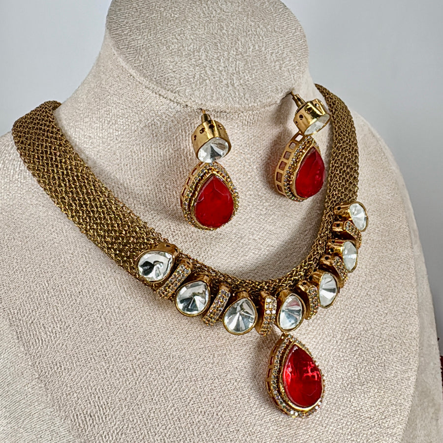 Ruby Red Moissanite Antique Gold Necklace Set
