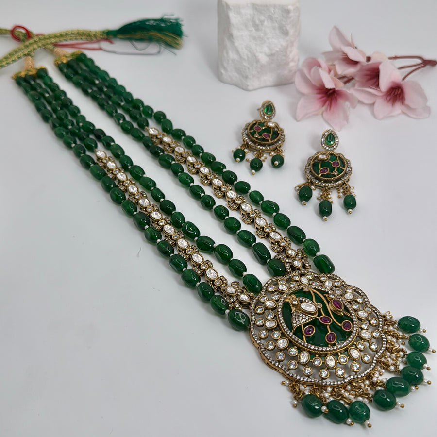 Green Pearl & Moissanite Glass Stone With Inlay Work Necklace Set
