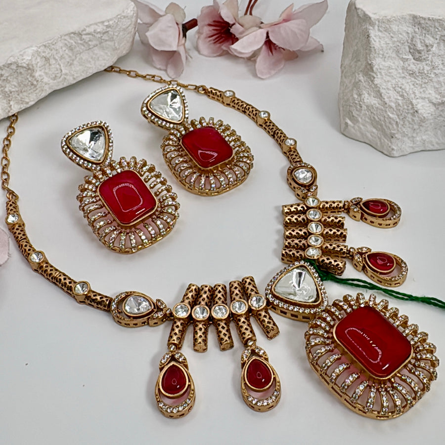 Ruby Red Doublet & Moissanite Kundan Dainty Necklace Set