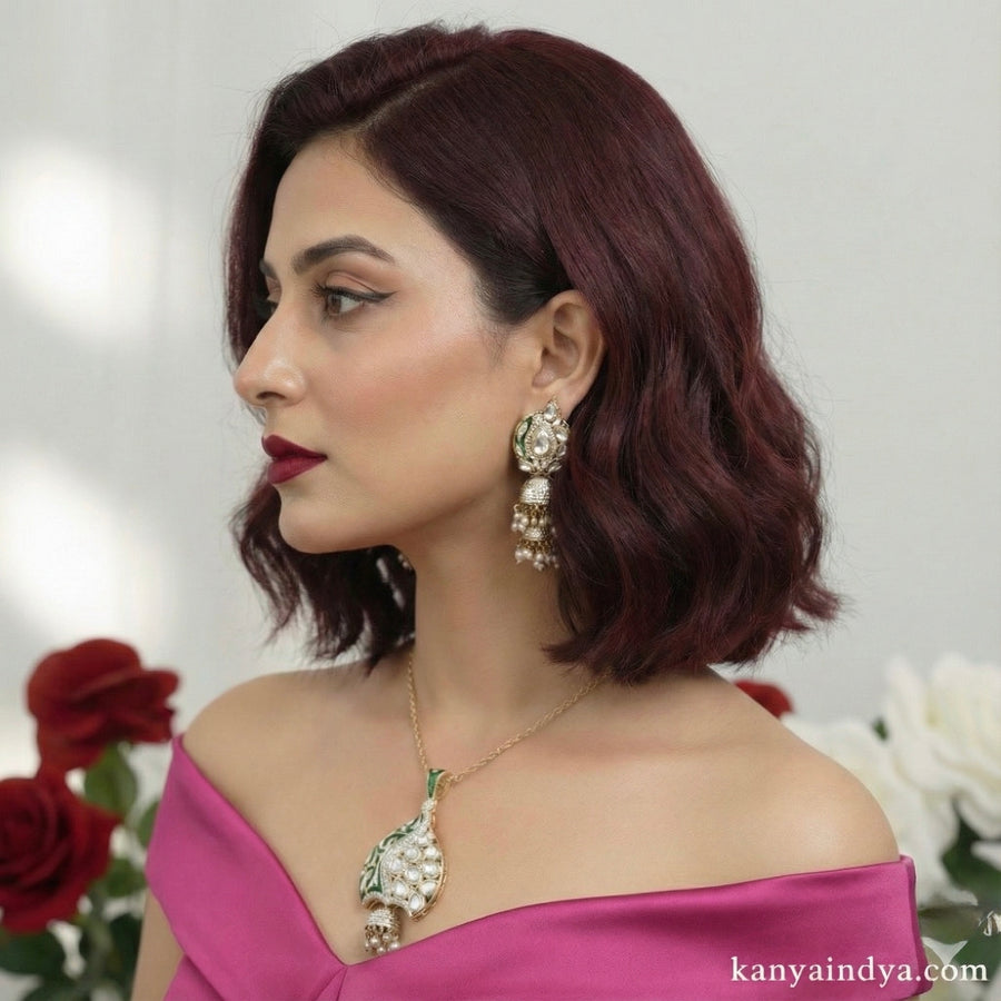 Green Meenakari Jadau Polki pendant Necklace Set