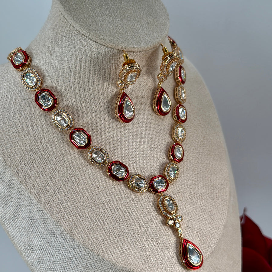 Red Meenakari Dainty Polki Necklace Set