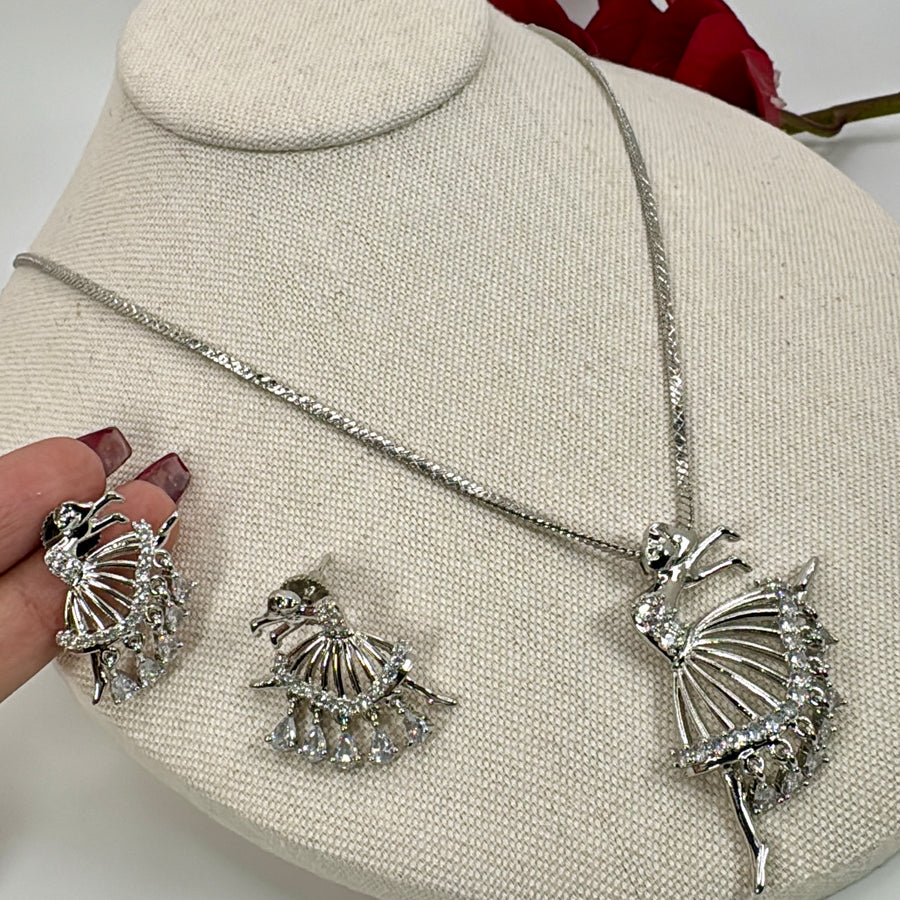 Clear Tanishq Inspired AAA cut Cubic Zirconia Rhodium Polish Dancing Girl Pendant Necklace Set