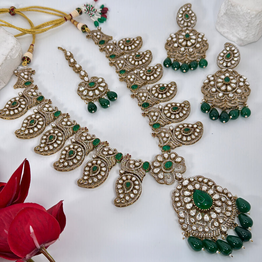 Green Moissanite Bridal Mango Design Statement Necklace Set