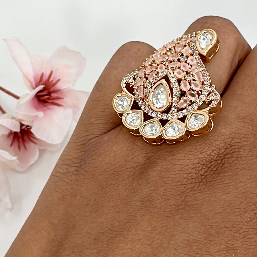 Pink Invisible Setting & Polki Kundan Adjustable Finger Ring