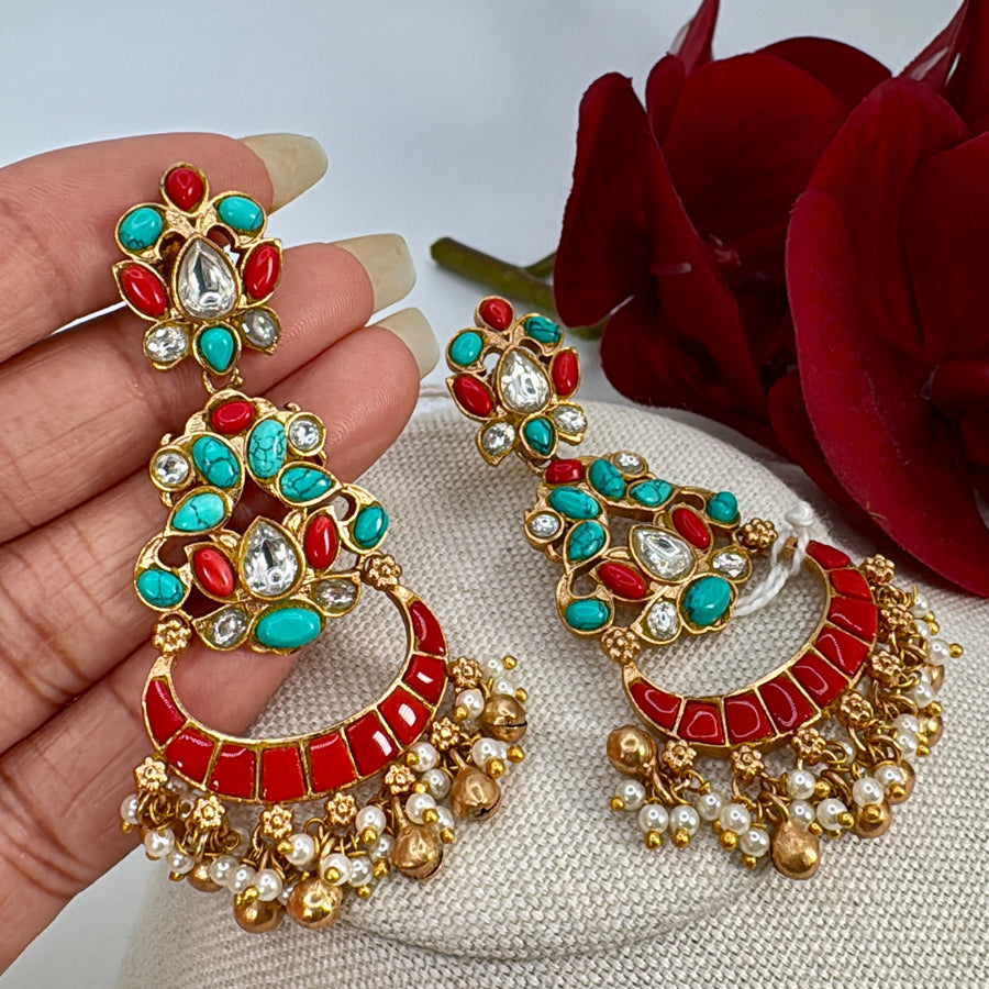 Coral Turquoise Jadau Moissanite Lightweight Chand Bali Earrings
