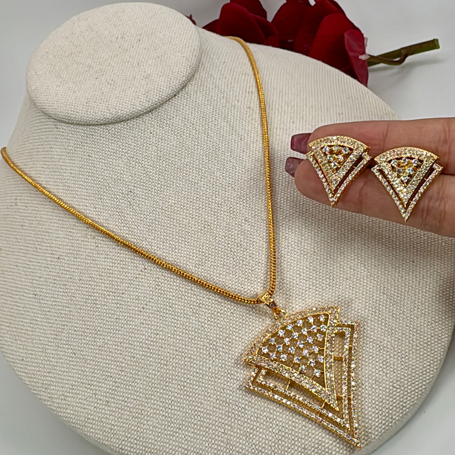 Clear Tanishq Inspired AAA cut Cubic Zirconia 22 Carat Gold Plated Triangular Pendant Necklace Set