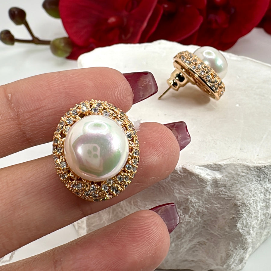 Clear Pearl Italian Cubic Zirconia Gold Stud Earrings