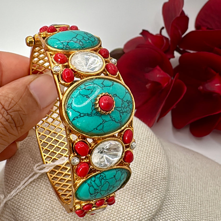 Turquoise Coral Jadau Moissanite Openable Bangle( Fits Size 2.2 to 2.6)