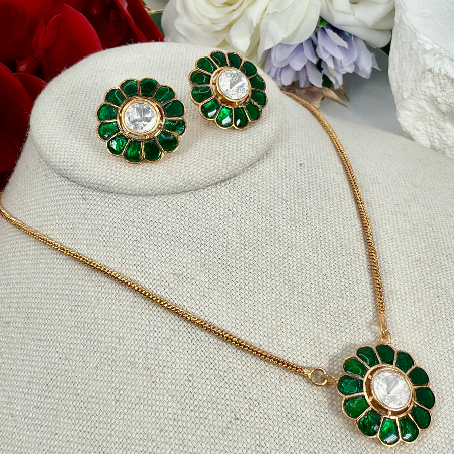 Green Jadau Moissanite Pendant NecklaceSet