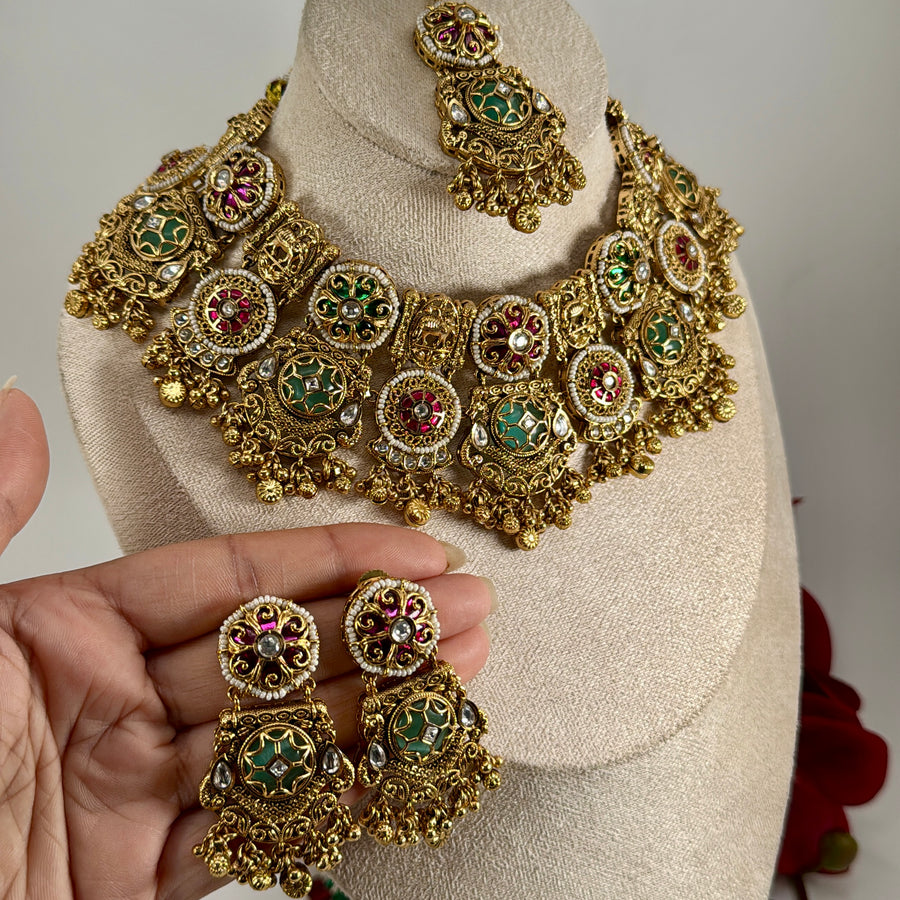 Mint & Ruby Antique Gold Statement Necklace Set