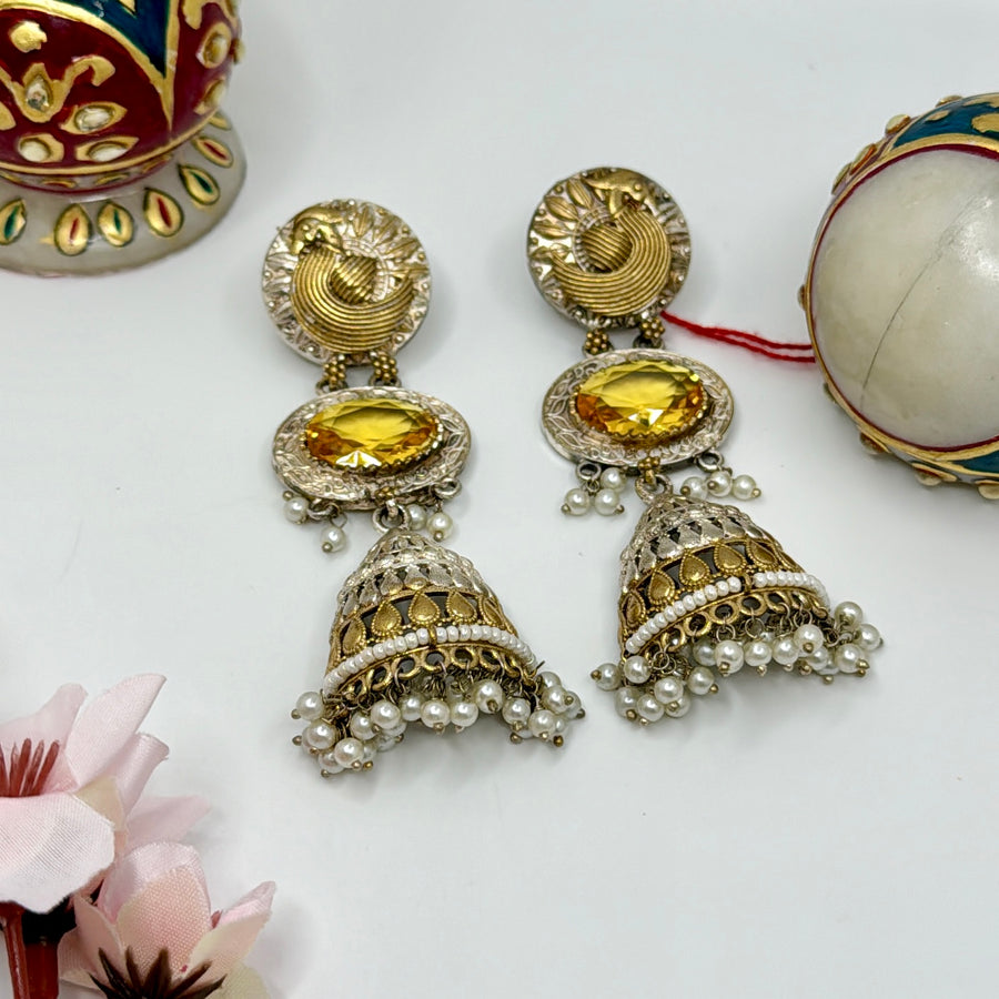 Yellow Swarovski Silver Lookalike Half Jhumka Earrings