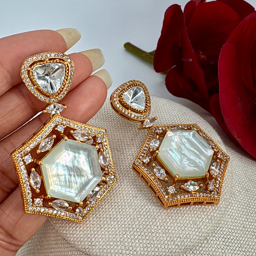 White MOP Hexagon Moissanite Earrings