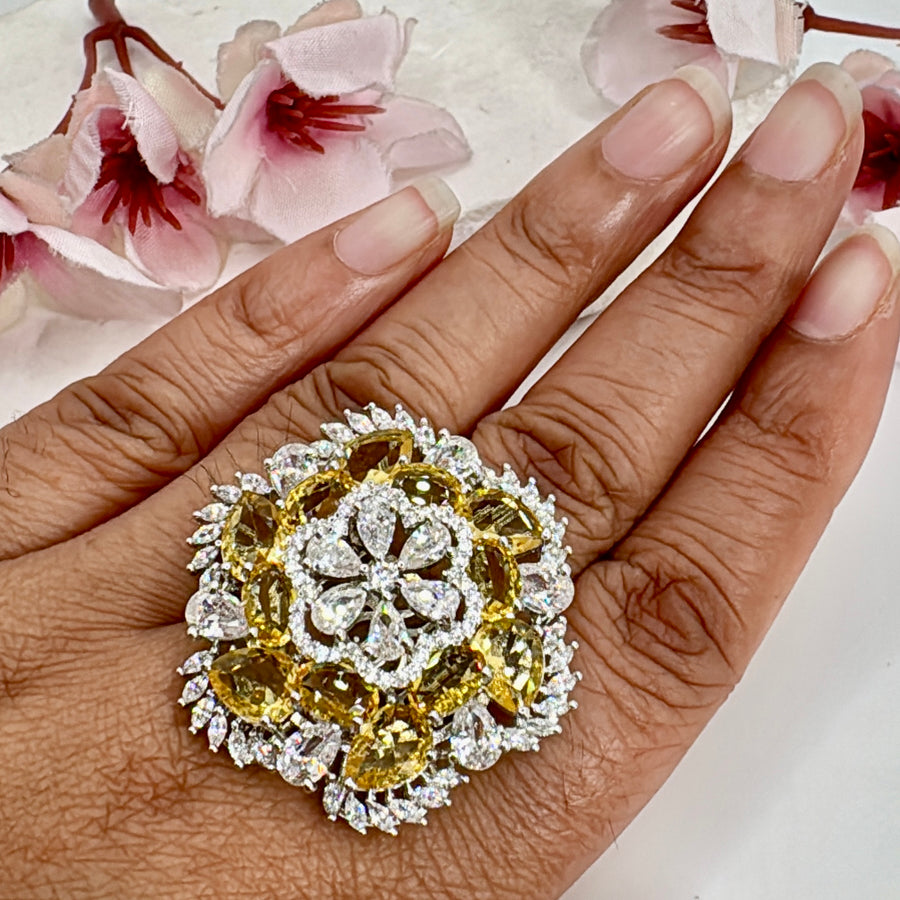 Yellow Adjustable American Diamonds Flower CZ Adjustable Finger Ring