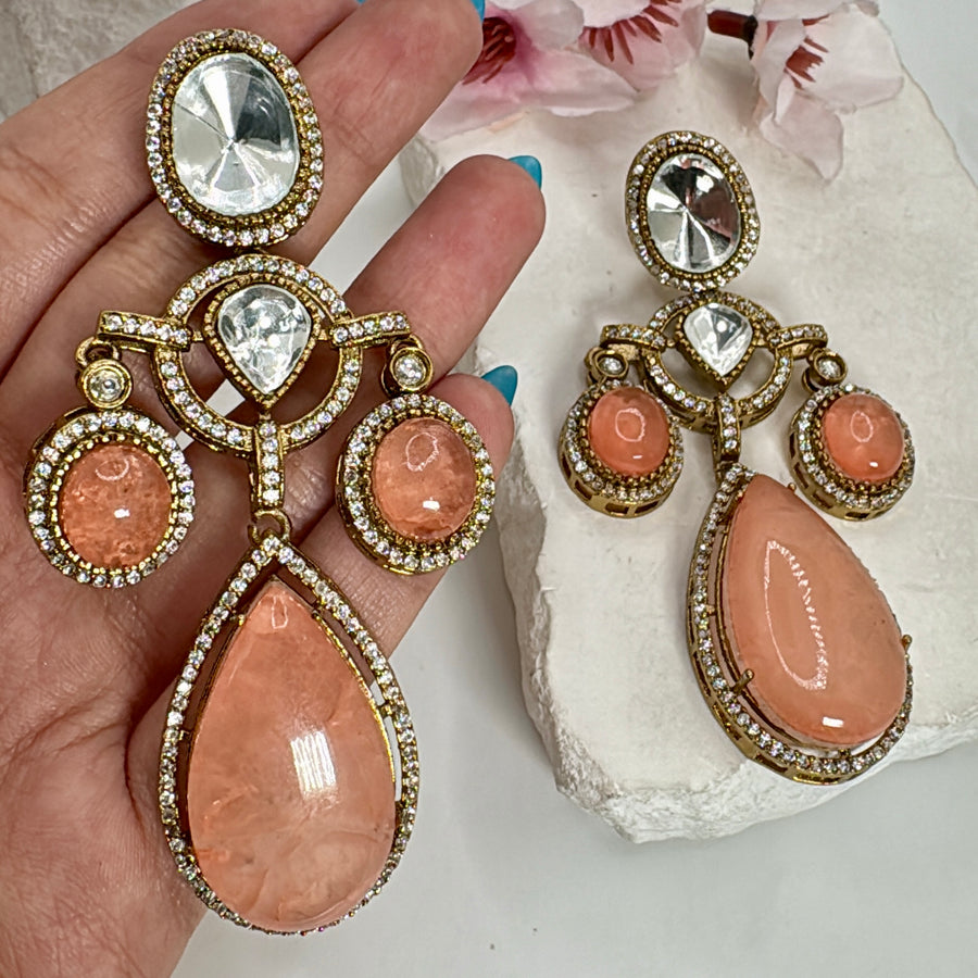 Peach Doublet & Moissanite Statement Earrings