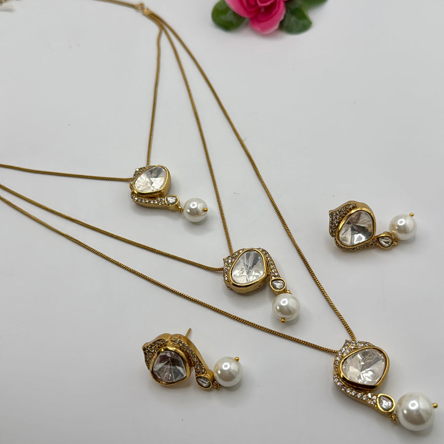 Clear Moissanite Kundan Three Layers Dainty Necklace Set