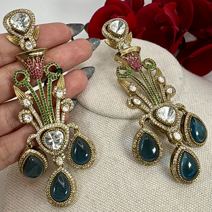 Blue Doublet & Cubic Zirconia Nano Setting AAA Cut American Diamonds Moissanite Statement Earrings (Approx. Length 4 Inches)