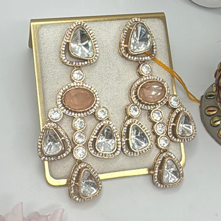 Peach Moissanite Kundan Statement Earrings