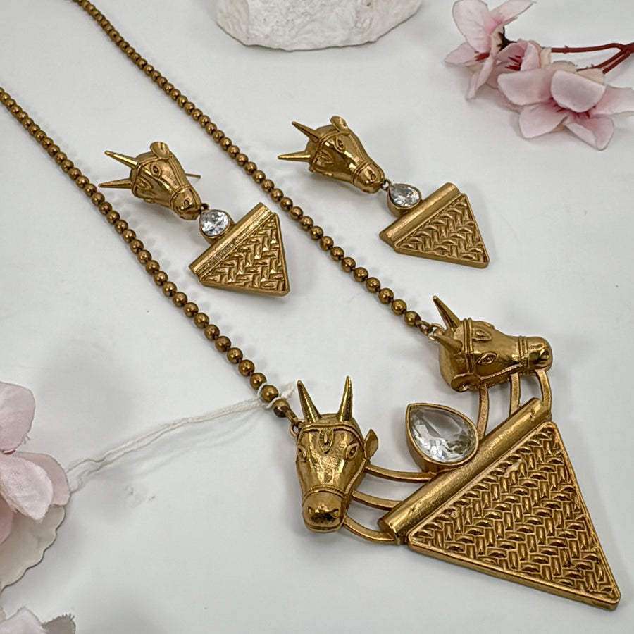 Clear Apala Inspired Antique Gold Nandi Cow Pendant Necklace Set